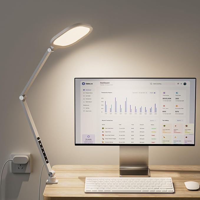 LitONES LED Desk Lamp for Home Office, 15W Desk Light with C- Clamp, Swing Arm, Memory & Timer Function, 1200LM Dimmable Computer Light for Video Calls, Conference, Study (White-Clamp)