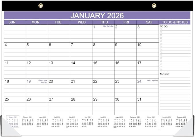 2026 Desk Calendar - Calendar 2026 from January 2026 - December 2026, Desk Calendar 2026 with to-do List, 12" x 17", Purple
