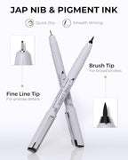 JusArt Fineliner Pens, 8 Size, Ultra Fine, Fine & Brush, Waterproof Black Pigment Ink Drawing Pens for Illustration, Sketching, Writing, Journaling, Bible Notes, Technical Drawing pens