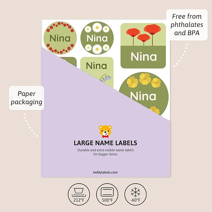 Large Name Labels for Kids (33) - Custom Stickers for Daycare and School Supplies - Durable, Waterproof Stickers for Water Bottles, Lunch Boxes, and More with Unique Designs - Flora