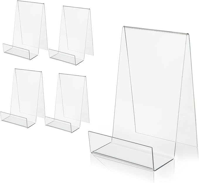 ZOEY Acrylic Book Easel Stand with Ledge Clear Easels Plate - 5 Pack for Books Display, Music Sheets, Artworks, CD, Tablet Holder (Small)