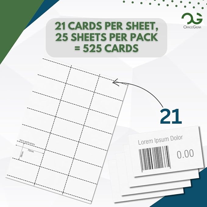 OfficeGear Shelf Edge Barcode Price Ticket Labels 21-up [25 Sheets - 525 Pack] 38x70mm Custom Printable A4 120gsm Card Micro-Perforated Non-Adhesive Merchandise Tag Includes Design Template