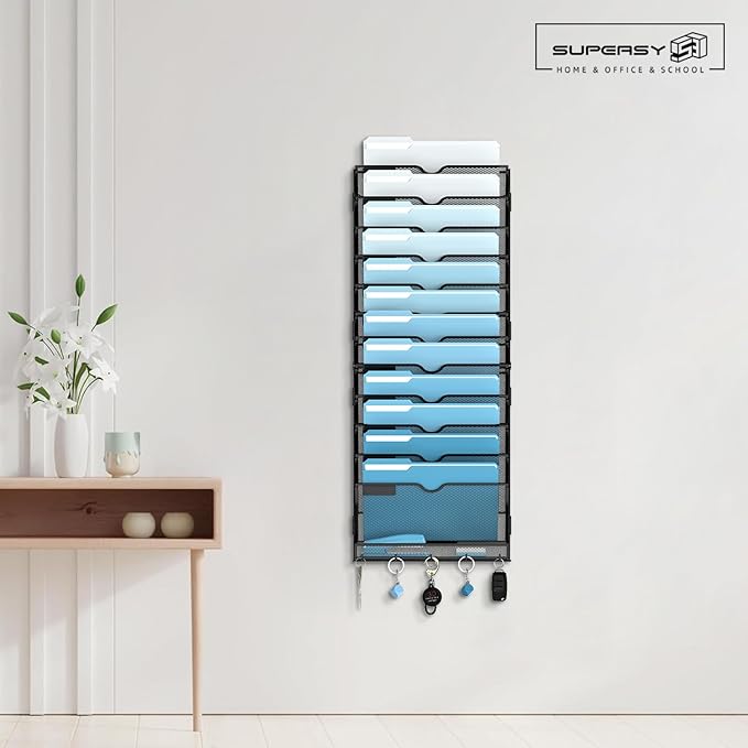 SUPEASY 13-Tier Wall File Organizer, Wall File Holder with Hooks, Mesh Hanging File Organizer, Mail Organizer Wall Mounted for Papers, Folders, Office Magazine Rack, Assembly Needed, Black