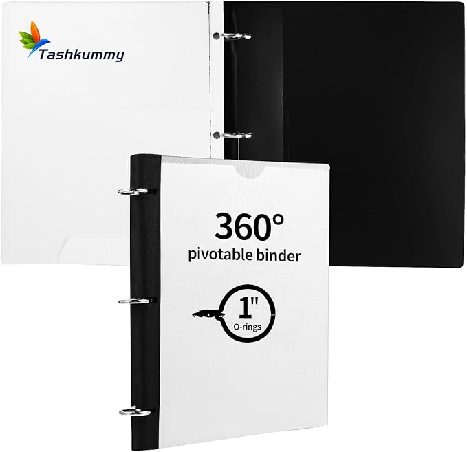 Tashkummy 360 Degree Pivotable Binder, Upgraded 3 Ring Binder 1 inch, Flexible Binders 3 Ring, Foldable Three Ring Binders- White