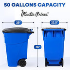Plastic Prince 50 Gallon Trash Can with Lid Rollout Recycling Bin Large Outdoor, Commercial Heavy-Duty Container with Wheels, Blue