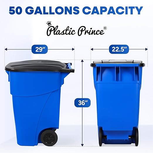 Plastic Prince 50 Gallon Trash Can with Lid Rollout Recycling Bin Large Outdoor, Commercial Heavy-Duty Container with Wheels, Blue