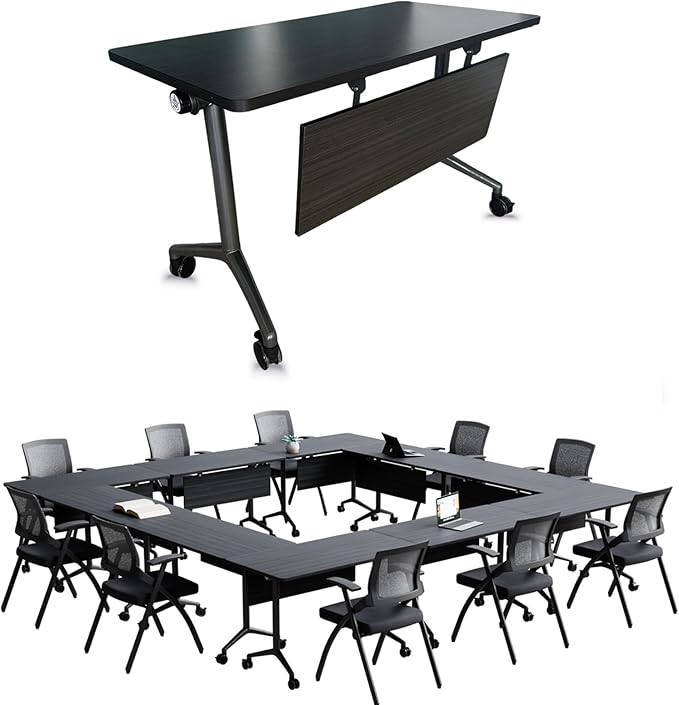 Goakwwuz Conference Room Table, Folding Conference Tables,Thicken Grey Tabletop,Flip Top Wooden Seminar Meeting Room Table for Conference Room Offices (4, BlackWoodGrain, 61.0“)