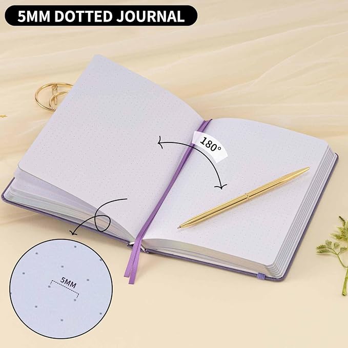 Crein Lynh Dot Grid Journal with 160GSM Thick Paper, 192 Pages, A5 Dotted Notebook for Work, School, Travel | 180° Lay Flat, Foil Stamped Cover, Elastic Band, 2 Bookmarks & Inner Pocket (Purple Castle)