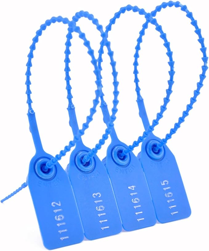 100Pcs Plastic Tamper Shipping Seals Pull-Tite Security Seal Signage Numbered Fire Extinguisher Tags Zip Ties Labels Disposable Self Locking for Logistics, Luggage,Transport (Blue, 100pcs)