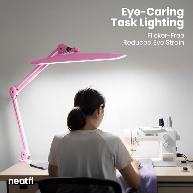 Neatfi XL 2,200 Lumens LED Desk Lamp with Clamp, 24 Watt Bright Architect Task Lamp, 20 Inches Dimmable Computer Light, Adjustable Desk Light for Home, Office, Crafts, Nails & Hobbies (Non-CCT, Pink)