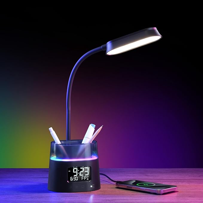 Led Desk Lamp for Home Office, Touch Table Lamp with USB Charging Port, 3 Color Modes Stepless Dimmable Reading Light, Gooseneck Lamp for Dorm Room, Bedside Study Light with Clock,Adapter Include