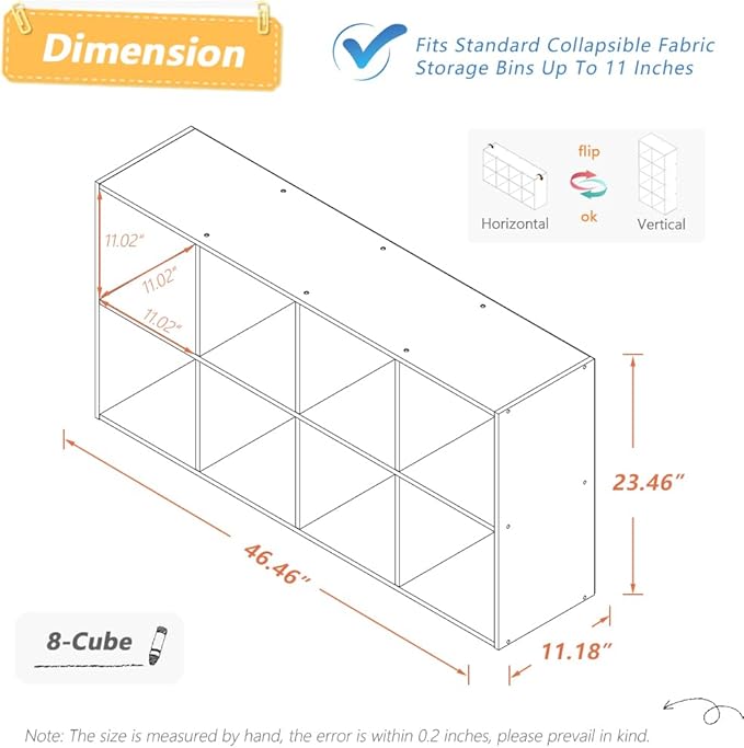 NELYE 8 Cube Organizer Bookcase - Fabric Storage Bins Container, Open Shelf Simple Compartments Bookshelf, Oak