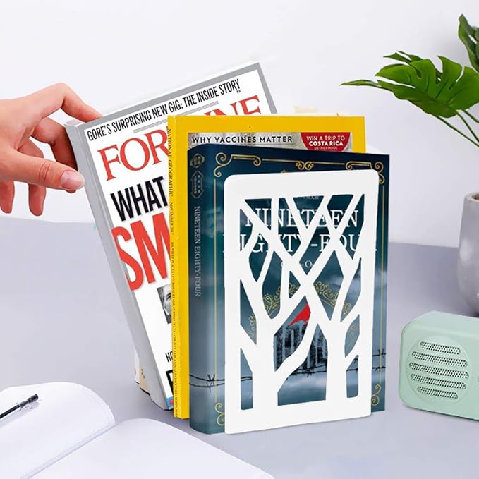 Book Ends for Shelves and Heavy Books - Metal White Bookends 1 Pair - Home Decorative Shelf Holder, Supports, and Stoppers