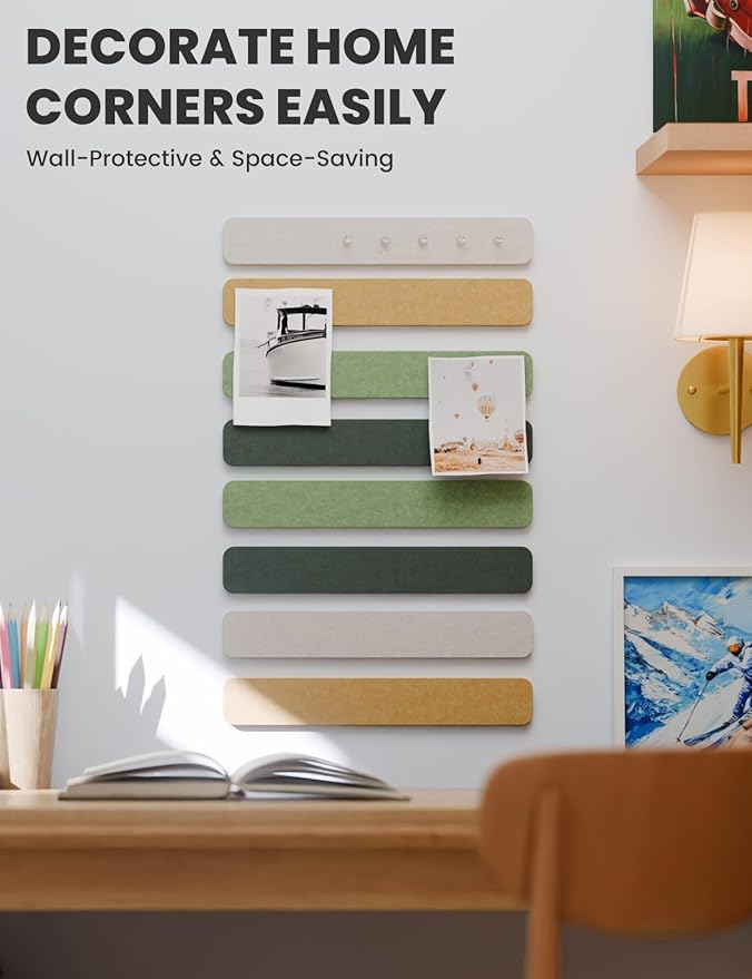 Cork Board Alternative Felt Strip Board 8-Pack 13"x2", Office Pin Board with 50 Push Pins, Adhesive Install for Bedroom Door & Home Office(Moss Glimmer)