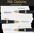 HDDNB Blue Luxury Fountain Pen Set for Men and Women with Gift Box, 24K Gold Finish and Gilded Nib(Fine) with 5 Black Ink Cartridges and Converter