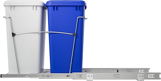 Rev-A-Shelf RV-18KD-11RC-S Double Pullout Trash Can for Kitchen Cabinets 35 Qt Garbage Recycling Bin on Full Extension Slide, Blue/White