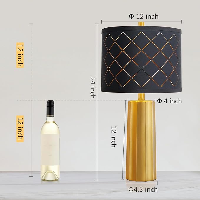 RORIANO 24" Modern Table Lamp for Living Room Bedroom, Gold Nightstand Resin Lamp with Black Grid Shade