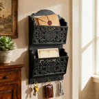 Chadechimo Rustic Key and Mail Holder for Wall Home Decorative,2-Slot Mail Organizer Wall Mount with 3 Hooks, Wooden Key Hangers Wall File Organizer Letter Sorter for Letter Magazines（Black）