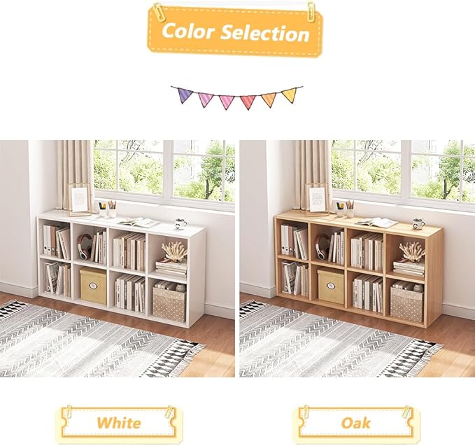 NELYE 8 Cube Organizer Bookcase - Fabric Storage Bins Container, Open Shelf Simple Compartments Bookshelf, Oak