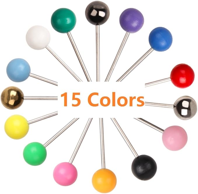 Yalis Push Pins Marking Map Tacks 1/8-Inch Plastic Beads Head, 15 Assorted Colors, 1500-count