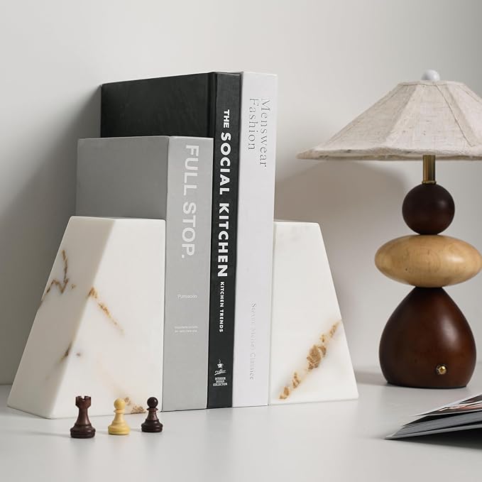 Faticdorr Luxury Marble Bookends for Shelves, 11LB Heavy Duty Marble Book Ends for Heavy Books, Stone Bookends Decorative, Polished, Calacatta Gold Triangular, Set of 2