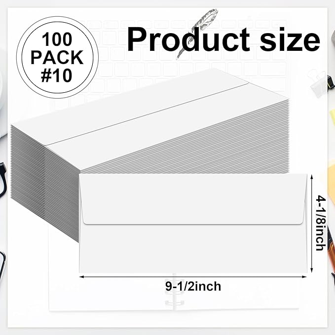 Marspark 100 Qty #10 White Business Envelopes 80 lb 4-1/8'' x 9-1/2'' Peel Press Letter Size Envelopes Professional Mailing Printable for Security Office Use Home Mail