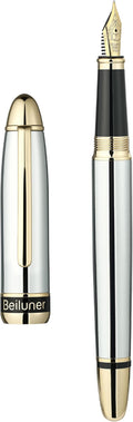 BEILUNER 315 Silver Chrome Fountain Pen,Stunning Luxury Pens with 24K Gold Accents, Gorgeous 24K Gilded Nib(Medium), Ink Converter,Fancy Pen Gift for Men&Women-Elegant, Office, Reliable, Nice Design