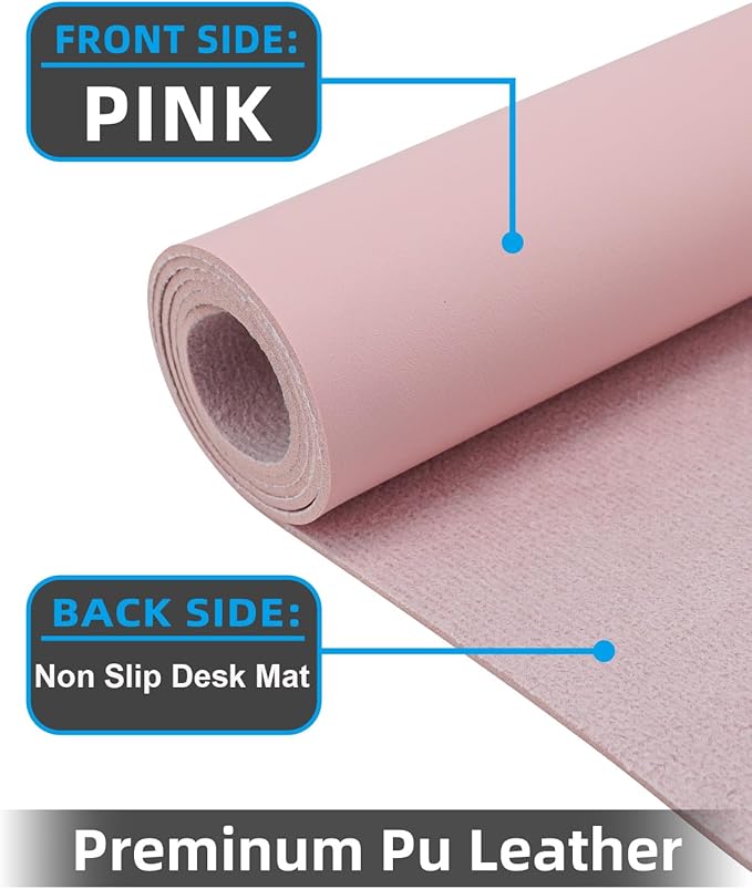 Extra Large Leather Desk Protector, Office Mat, Mouse & Laptop Pad, Non-Slip Blotter, Waterproof Writing Pad - Rose Pink, 55" x 17"