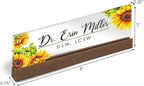 Artblox Personalized Office Desk Name Plate and Business Card Holder | Clear Acrylic Glass with Teak Wood Stand | Sunflowers Design Customized with Your Name and Credentials Office Desk Decor