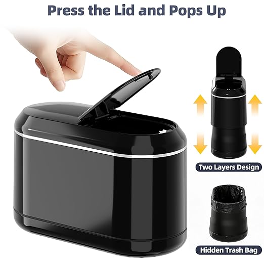 PAVSTINE Mini Trash Can for Desk with 5 Rolls of Trash Bags, Small Press-Top Countertop Garbage Bin, Removable Waste Basket for Bedroom, Vanity, Coffee Table, Kitchen (Black Half-Lid)