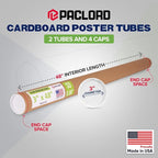 Paclord 3" x 48" Reinforced Kraft Paper Mailing Tube, Pack of 2 Tubes with 4 Caps – Secure USPS Approved Poster Tube – Cardboard Tube for Shipping and Storing Posters, Prints, Artwork, or Documents
