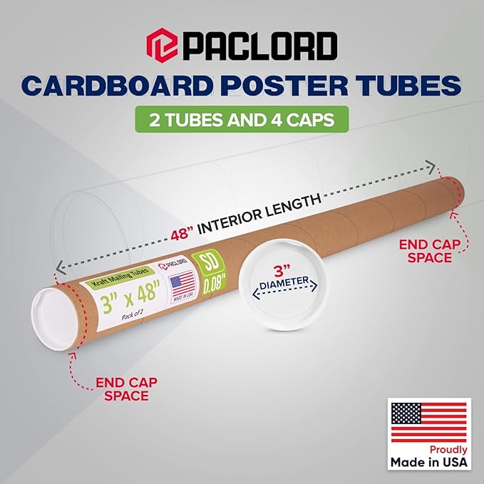 Paclord 3" x 48" Reinforced Kraft Paper Mailing Tube, Pack of 2 Tubes with 4 Caps – Secure USPS Approved Poster Tube – Cardboard Tube for Shipping and Storing Posters, Prints, Artwork, or Documents