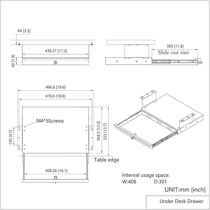 QiaoYoubang Under Desk Lockable Sliding Out Drawer with Cable Management, 17 inch Wide Office Storage Organizer for Standing Desks or tables with a Crossbar less than 3.2" High, 12 Inch Deep