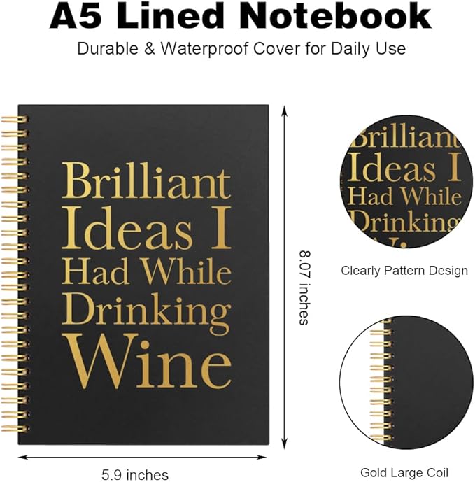 Vgrti Brilliant Ideas I Had While Drinking Spiral Notebook, Funny Sarcastic Work Notebook for Adult, Office Humor Gag Gifts Appreciation Gifts for Women Men Coworker Employee Colleague Boss Wine Lover