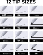 JusArt Fineliner Pens, Ultra Fine, Fine, Brush & Chisel, 12 Size, Waterproof Black Pigment Pen for Artists, Crafters, Illustration, Sketching, Writing, Journaling, Bible Note, Technical Drawing pens