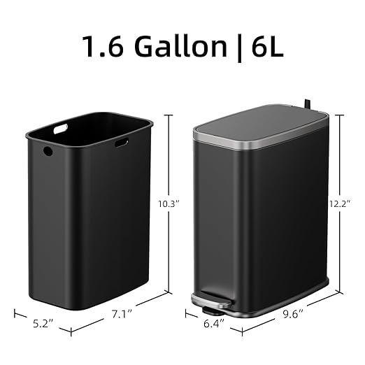 KdbK Stainless Steel Bathroom Trash Can with Lid Soft Close,1.6 Gallon Slim Garbage can,Small Metal Step Wastebasket for Office, Bedroom, Toilet, Black