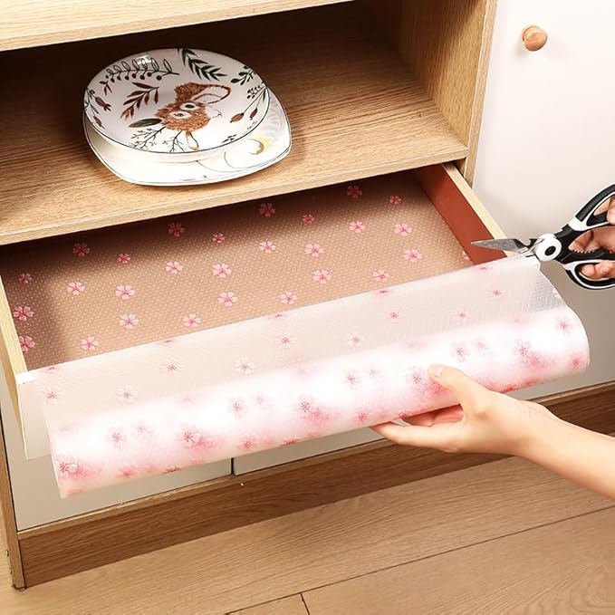Cherry Blossom Shelf Liner - Non-Adhesive Drawer & Cabinet Liner, Non-Slip Waterproof Kitchen Shelf Paper,Pink Decorative Floral Refrigerator Liner, Easy to Cut & Clean