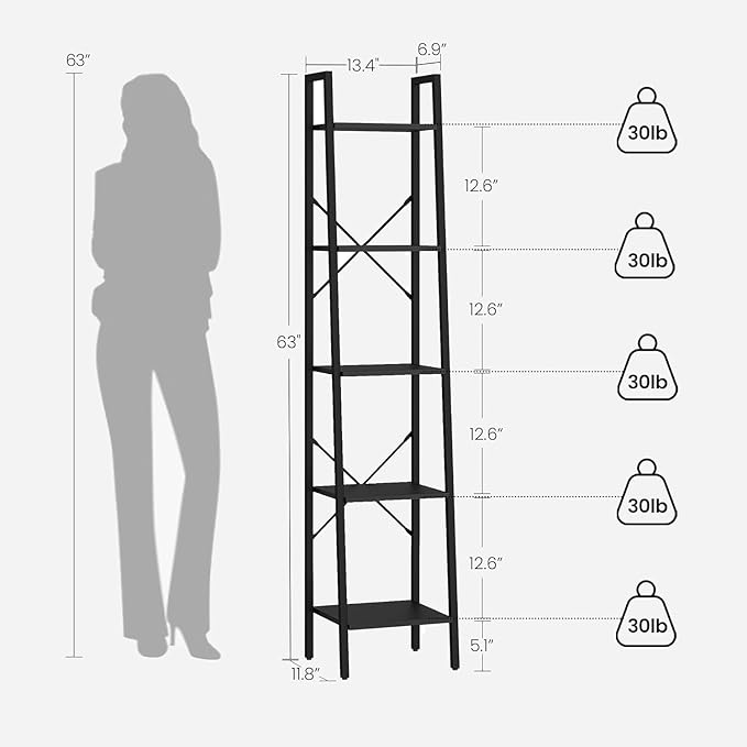 Hzuaneri Ladder Shelf, Bookshelf Bookcase, Freestanding Corner Storage Shelve with 2 Hooks for Home Office, Living Room, Kitchen, Bedroom, Industrial, 11.8" D x 13.4" W x 63" H, Black BC03204B