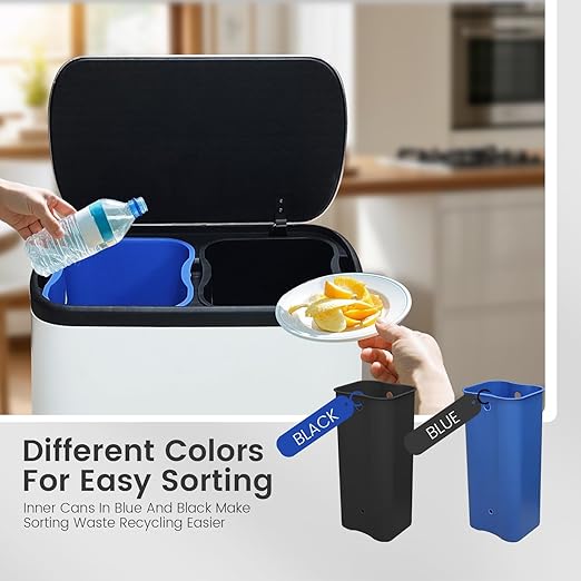 JM ·YIPENG Dual Trash Can Stainless Steel Recycle Bins for Kitchen, 60 L/16 Gallon Dual Compartment Recycling Trash Can with Soft-Close Lid and Removable Liner Buckets for Kitchen, Living Room, White
