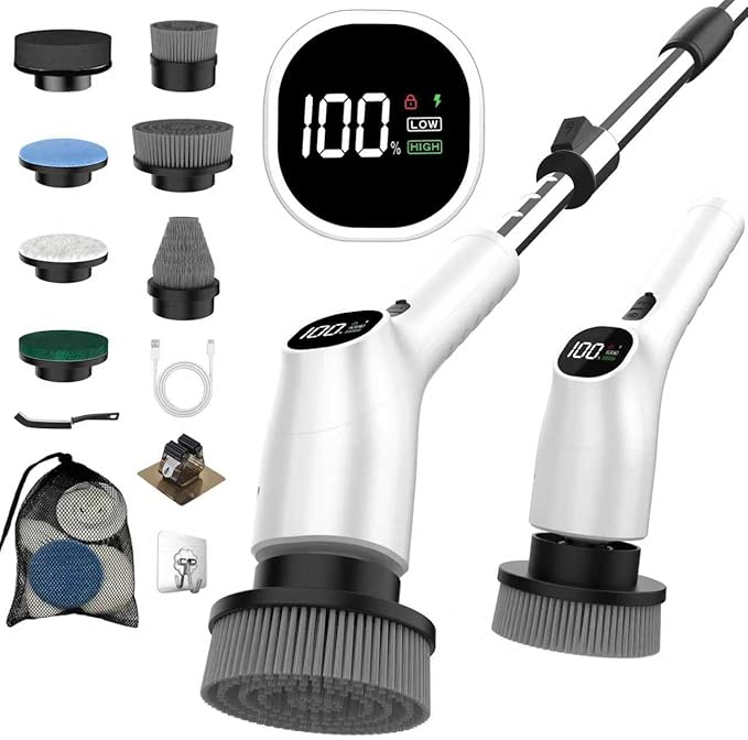 Wky G3 Electric Spin Scrubber - 10-in-1 Cordless Shower Scrubber & Cleaning Brush with Extendable Handle, 2 Speeds, IPX7 Waterproof Brush Heads, LED Display, Smart AI Chip,for Bathroom, Kitchen White