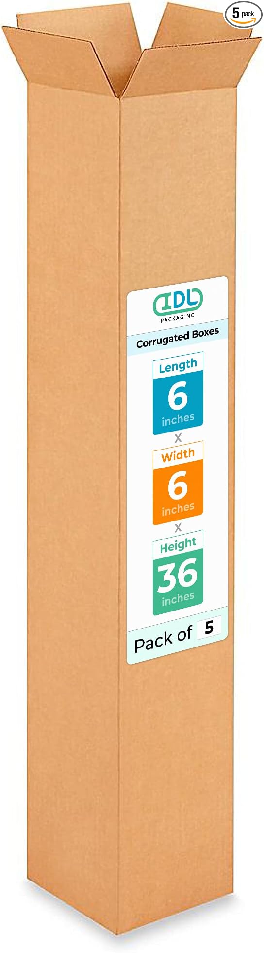 Tall Moving & Shipping Boxes 6 x 6 x 36 inches (5-Pack) - Extra Strength 200 lb vs Regular - Corrugated Cardboard Boxes for USPS/UPS/FEDEX - Tall Moving Box - Durable Moving Box by IDL Packaging