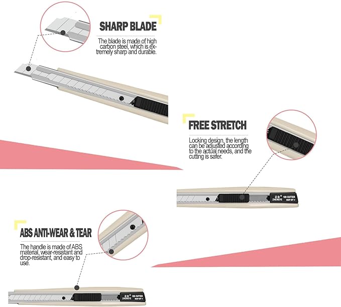 AHCHAY 2pcs Utility Knife 9mm 60 Degree Foil Blade Cutter Snap Off Retractable Wrap Gift Box Paper Wallpaper Craft Abs Anti-slip Handle Auto Lock Cutter