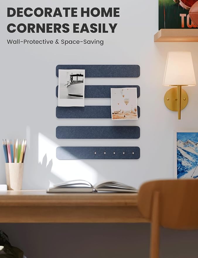 Fluxynara Cork Board Alternative Felt Strip Board 5-Pack 13"x2", Office Pin Board with 35 Push Pins, Adhesive Install for Bedroom Door & Home Office(Denim Blue)