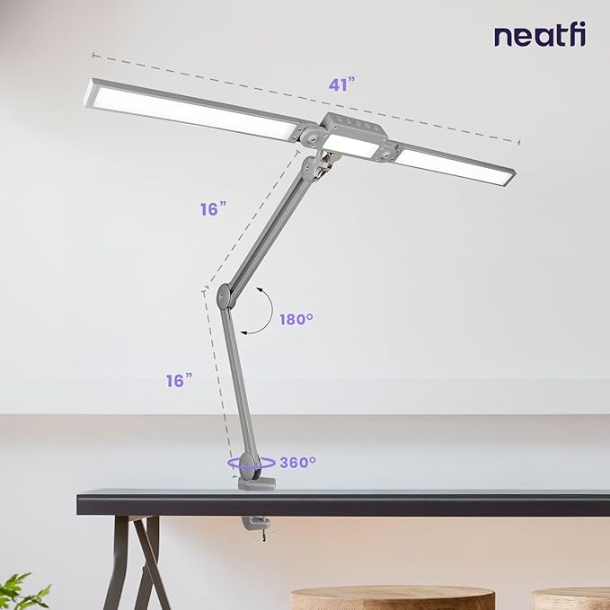 Neatfi LED Desk Lamp, Dimmable Desk Light with 360 SMD LEDs, 30W, CRI 95, Adjustable Color Temperature, Task Lamp for Home, Office, and Workbench (CCT, Silver, 41 Inches)