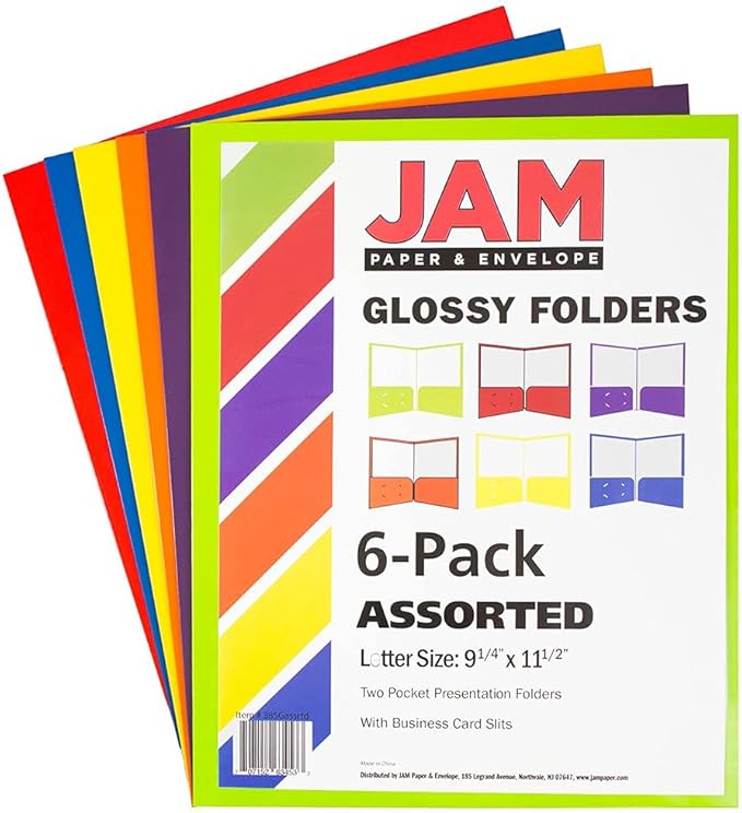 JAM PAPER Laminated Two Pocket Glossy School Folders - Letter Size - High Gloss Assorted Primary Colors - 6/Pack