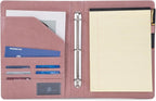 Geslun Vegan Leather 3 Ring Binder, 8.5 x 11 Letter Size Folio with Pen Holder, Soft Notebook Portfolio Cover, Slim Notepad Padfolio Thin File Organizer for Work Executive Meeting, Pink