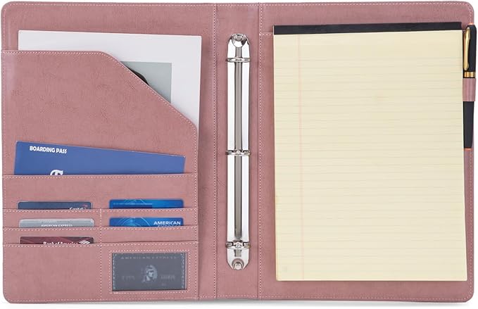 Geslun Personalized Vegan Leather 3 Ring Binder, Custom 8.5 x 11 Letter Size Folio with Pen Holder, Soft Notebook Portfolio Cover, Notepad Padfolio Organizer for Meeting, Pink