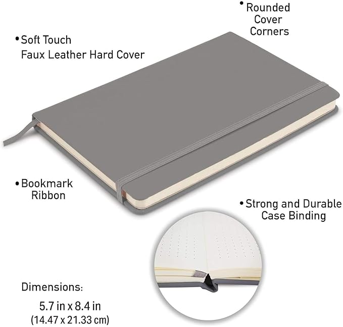 Simply Genius A5 Dotted Hardcover Notebook Pack - 5.7 x 8.4 in, 192 Pages, 4-Pack, Gray Faux Leather - Grid Notebook & Pocket Journal for Business, School & Travel