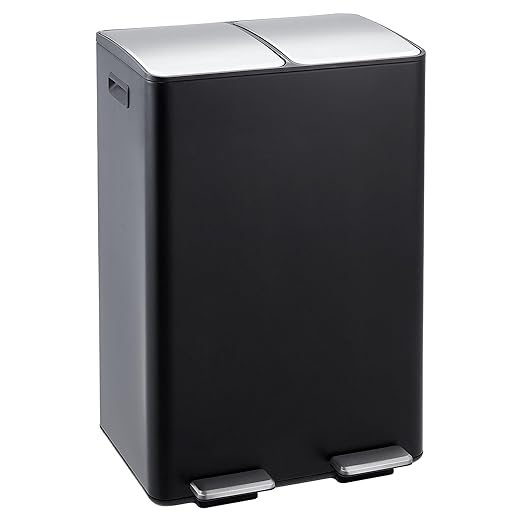 Garvee Dual Trash Can, 16 Gal (2 x 30 l) Stainless Steel Kitchen Garbage Can with Lid and Inner Bucket, Double Compartment Trash and Recycle Bin Combo with Step Pedal for Home Office, Black