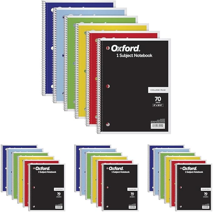 Oxford Spiral Notebook, 1 Subject, College Ruled Paper, 8 x 10-1/2 Inch, Color Assortment Design May Vary (65007) (Pack of 24)
